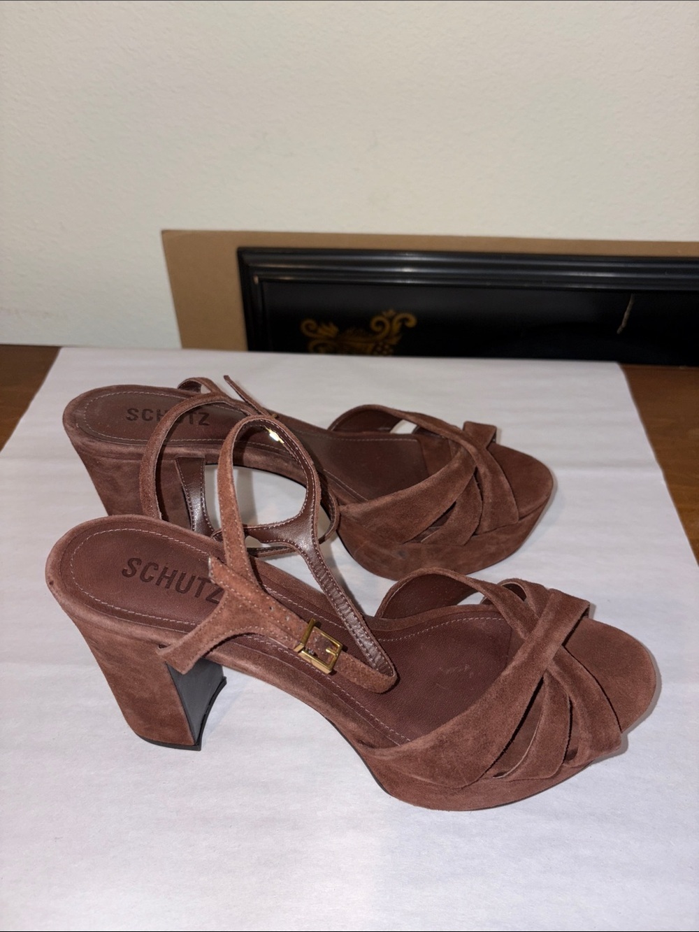 Schutz 'Keefa' platform sandal in brown suede with 4 inch block heel